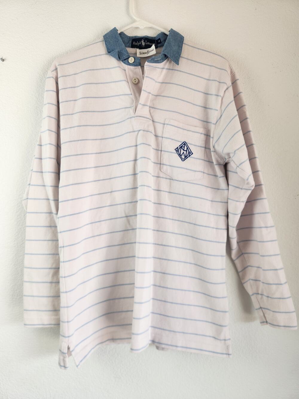 Vintage Ralph Lauren Polo Shirt Long Sleeve Cream Blue Striped Medium Men